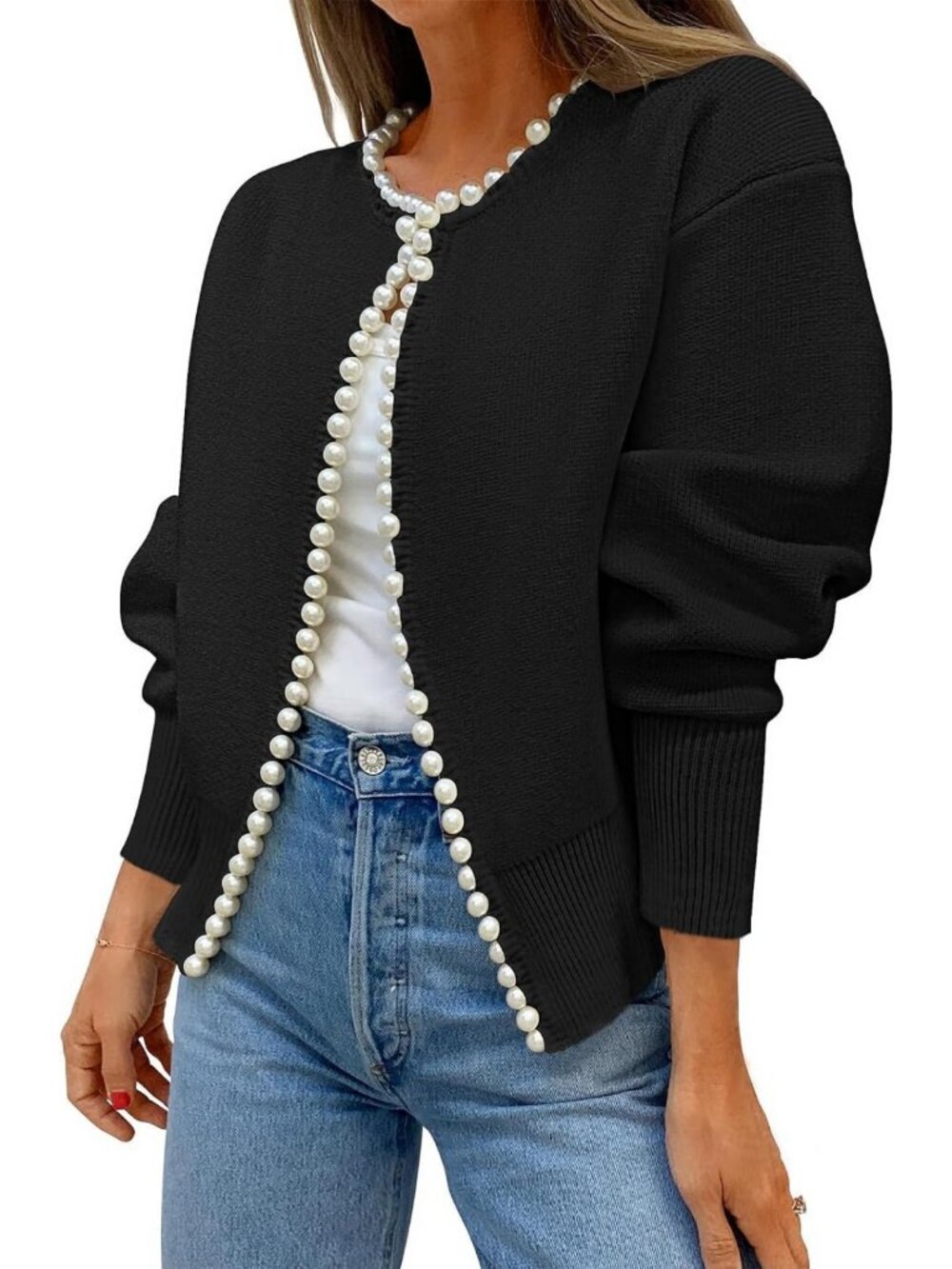 Elegant Pearl Embellished Oversized Cardigan - Women's Casual Long Sleeve Knit